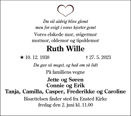 Dødsannoncen for Ruth Wille - Aabenraa