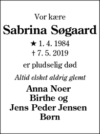 Dødsannoncen for Sabrina Søgaard - Boede i Hejnsvig skal med i Esbjerg udga
