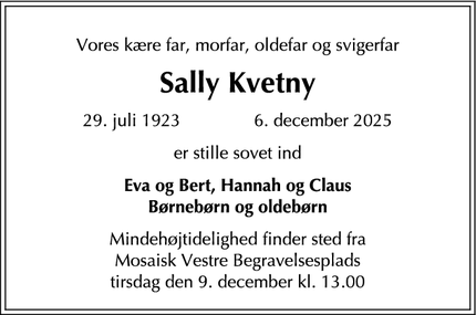 Dødsannoncen for Sally Kvetny - Frederiksberg