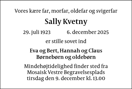 Dødsannoncen for Sally Kvetny - Frederiksberg