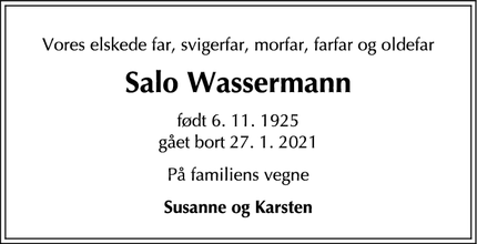 Dødsannoncen for Salo Wassermann - København