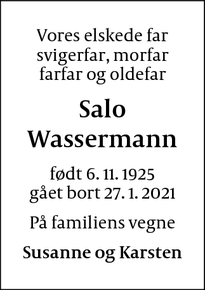 Dødsannoncen for Salo Wassermann - København