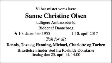 Dødsannoncen for Sanne Christine Olsen - Odense