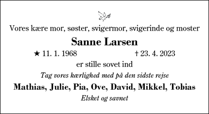 Dødsannoncen for Sanne Larsen - Herning