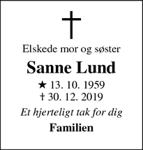 Dødsannoncen for Sanne Lund - Roskilde
