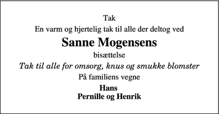 Dødsannoncen for Sanne Mogensens - Barde
