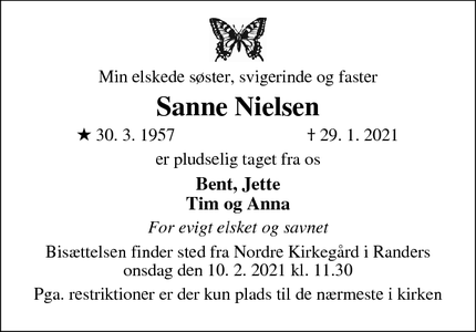 Dødsannoncen for Sanne Nielsen - Thorsø