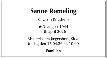 Dødsannoncen for Sanne R&oslash;meling - Hellerup