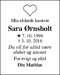 Dødsannoncen for Sara Ørnsholt - Vesterlund