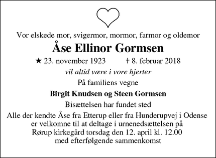 Dødsannoncen for Åse Ellinor Gormsen - Årup