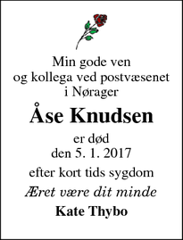 Dødsannoncen for Åse Knudsen - Aars