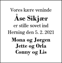 Dødsannoncen for Åse Sikjær - Herning
