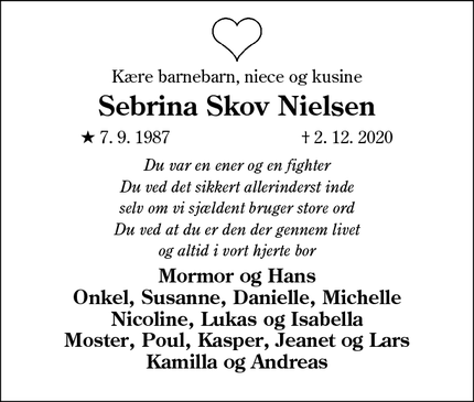 Dødsannoncen for Sebrina Skov Nielsen - Lunderskov