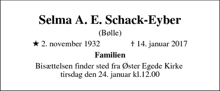 Dødsannoncen for Selma A. E. Schack-Eyber - Faxe