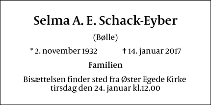 Dødsannoncen for Selma A. E. Schack-Eyber - Faxe