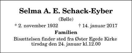 Dødsannoncen for Selma A. E. Schack-Eyber - Faxe