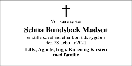 Dødsannoncen for Selma Bundsbæk Madsen - Ringkøbing
