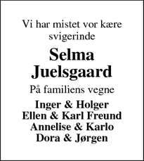 Dødsannoncen for Selma Juelsgaard - Ørnhøj