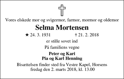 Dødsannoncen for Selma Mortensen - Horsens