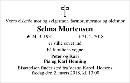 Dødsannoncen for Selma Mortensen - Horsens