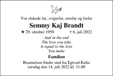 Dødsannoncen for Semmy Kaj Brandt - Egtved