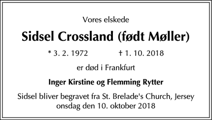 Dødsannoncen for Sidsel Crossland (født Møller) - St. Brelade, Jersey