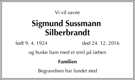 Dødsannoncen for Sigmund Sussmann 
Silberbrandt - Kongens Lyngby