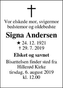 Dødsannoncen for Signa Andersen - Hillerød