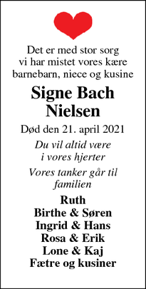 Dødsannoncen for Signe Bach
Nielsen - Tarm