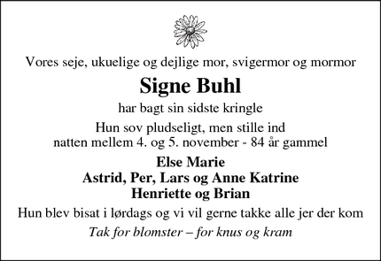 Dødsannoncen for Signe Buhl - Bække 