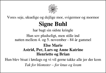 Dødsannoncen for Signe Buhl - Bække 