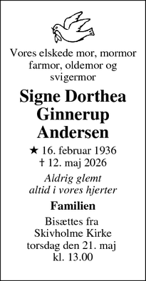 Dødsannoncen for Signe Dorthea Ginnerup Andersen - Malling