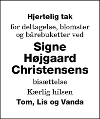Dødsannoncen for Signe Højgaard Christensens  - Korsør