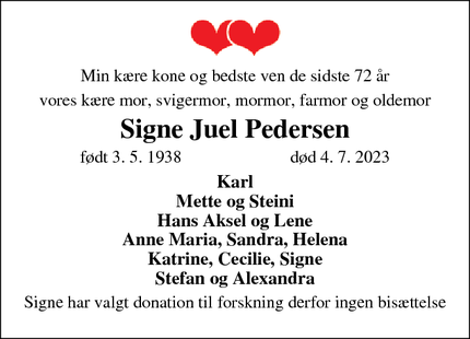 Dødsannoncen for Signe Juel Pedersen - Odense