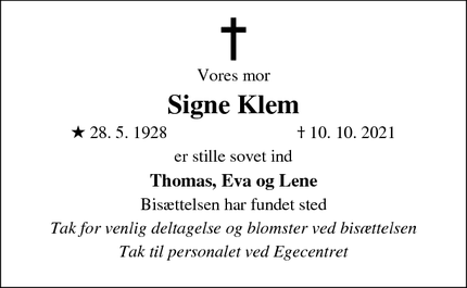 Dødsannoncen for Signe Klem - Sorø