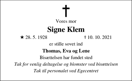 Dødsannoncen for Signe Klem - Sorø