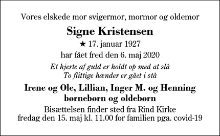 Dødsannoncen for Signe Kristensen - Lind