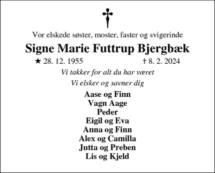 Dødsannoncen for Signe Marie Futtrup Bjergbæk - Vinderup