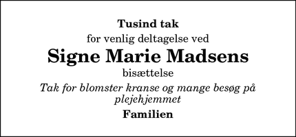 Taksigelsen for Signe Marie Madsens - Koldby 7752 Snedsted