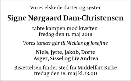 Dødsannoncen for Signe Nørgaard Dam-Christensen - København Ø