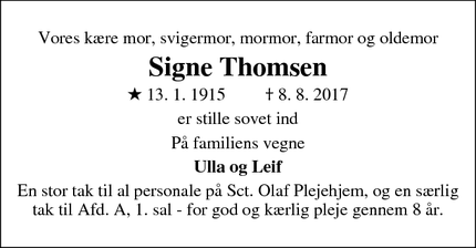 Dødsannoncen for Signe Thomsen - Aarhus