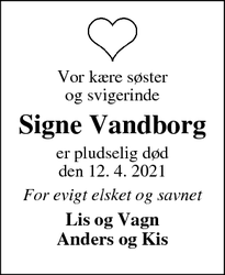 Dødsannoncen for Signe Vandborg - Ringkøbing
