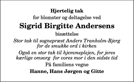 Taksigelsen for Sigrid Birgitte Andersens - Hobro
