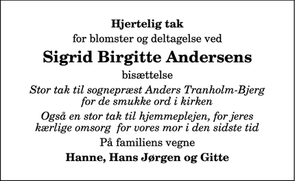 Taksigelsen for Sigrid Birgitte Andersens - Hobro