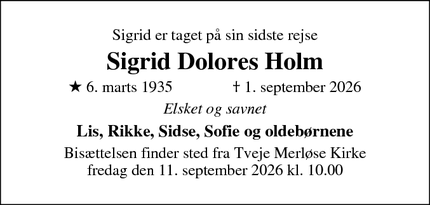 Dødsannoncen for Sigrid Dolores Holm - Holbæk