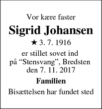 Dødsannoncen for Sigrid Johansen - Bredsten (indrykkes under Assens)