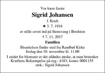 Dødsannoncen for Sigrid Johansen - Bredsten
