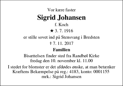 Dødsannoncen for Sigrid Johansen - Bredsten