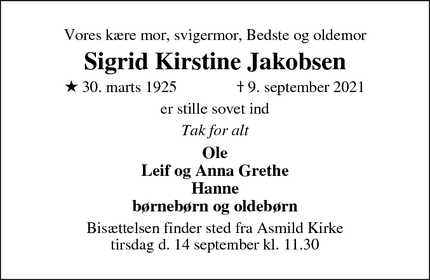 Dødsannoncen for Sigrid Kirstine Jakobsen - Viborg