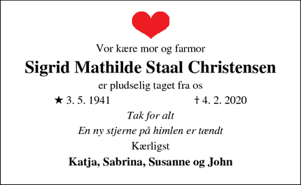 Dødsannoncen for Sigrid Mathilde Staal Christensen - Helsinge
